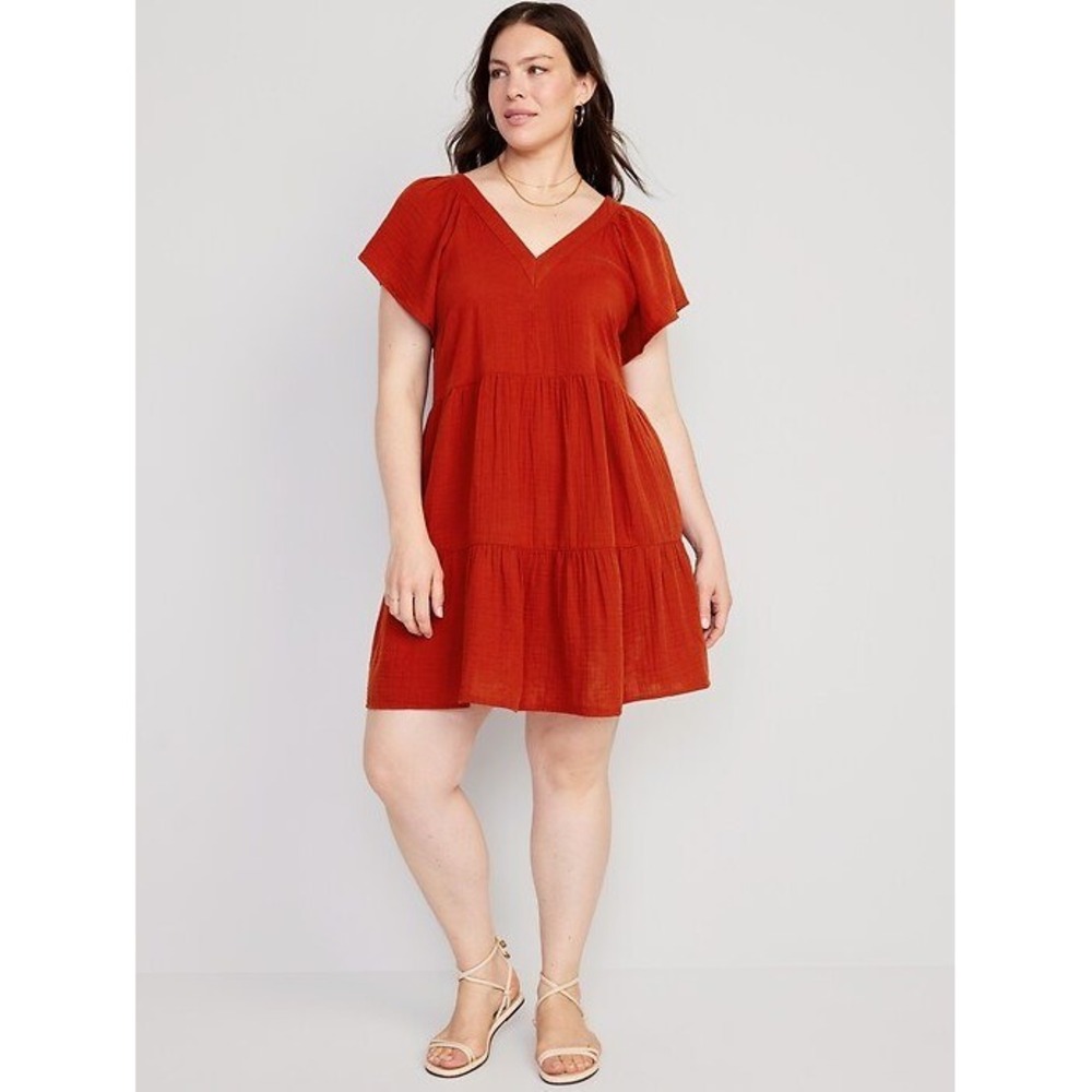Old Navy XXL Flame Scarlet Red Cotton Gauze Tiered Swing Midi Dress Style 752980